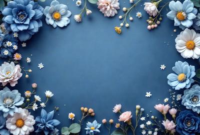 The primary subject of the image is a blue background with a variety of flowers, including daisies, scattered across it. The setting is a blue wall, and the visual style appears to be a combination of photo and digital art. The colors and mood of the image are predominantly blue and serene, with the flowers adding a touch of natural beauty and vibrancy.