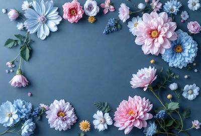 The primary subject of the image is a bouquet of flowers, which are arranged in a circular pattern on a blue background. The flowers are of various colors, creating a vibrant and lively atmosphere. The visual style of the image is a combination of photo and digital art, as it appears to be a close-up of the flowers, yet the arrangement and colors are consistent with a digital artwork. The colors and mood of the image are predominantly pink and blue, giving it a warm and inviting feel.