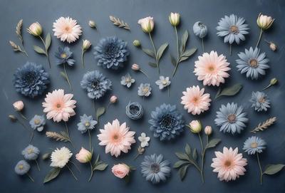 The primary subject of the image is a collection of blue flowers, including daisies and other types of flowers. These flowers are arranged in various positions, creating a visually appealing display. The setting is a blue background, which provides a striking contrast to the blue flowers. The visual style of the image is a combination of photo and digital art, resulting in a realistic yet artistic representation of the flowers. The colors and mood of the image are predominantly blue, giving it a calm and serene atmosphere.