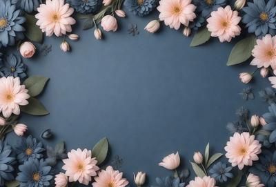 The primary subject of the image is a blue background with a circle of flowers. The flowers are pink and white, and they are arranged in a circular pattern. The setting is a blue background, which creates a calm and serene atmosphere. The visual style is a combination of digital art and illustration, as the flowers are carefully placed and arranged to create a visually appealing composition. The colors and mood of the image are predominantly blue and pink, which evoke feelings of tranquility and beauty.