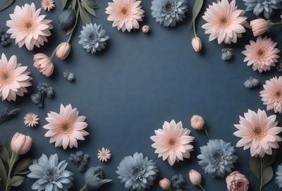 The primary subject of the image is a bouquet of flowers, which are arranged in a visually appealing manner. The flowers are predominantly pink and blue, creating a harmonious and vibrant color palette. The setting is a blue background, which serves as a striking contrast to the flowers. The visual style of the image is a close-up of the flowers, showcasing their details and beauty. The overall atmosphere of the image is one of elegance and freshness, as the flowers are skillfully arranged