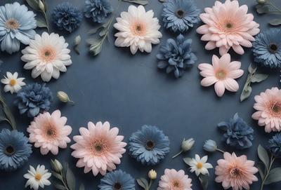 The primary subject of the image is a collection of pink and white flowers. The flowers are arranged in a visually appealing manner, creating a sense of harmony and beauty. The setting is a blue background, which provides a striking contrast to the flowers. The visual style of the image is a combination of photo and digital art, resulting in a realistic yet artistic representation of the flowers. The colors and mood of the image are predominantly pink and white, evoking feelings of warmth, love, and innocence