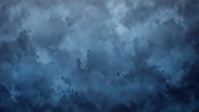 The primary subject of the image is a bird flying through a cloudy sky. The setting is a cloudy day with a blue sky, and the visual style is a painting or drawing. The colors and mood of the image are predominantly blue and cloudy, creating a serene and somewhat dramatic atmosphere.