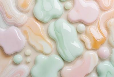 The primary subject of the image is a close-up of a variety of colors and textures, likely a painting or a digital artwork. The setting is a white background, which provides a clean and uncluttered appearance. The visual style is a mix of realistic and abstract elements, as the colors and textures create a unique and intriguing mood. The dominant colors are a mix of pastels and vibrant hues, creating a sense of depth and richness in the artwork.