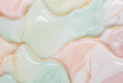The primary subject of the image is a piece of artwork featuring a combination of green, pink, and white colors. The artwork is displayed on a wall, and it appears to be a painting or a decorative piece. The setting is indoors, and the visual style is a mix of digital art and illustration. The dominant colors in the artwork are green, pink, and white, creating a calming and soothing atmosphere.