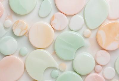The primary subject of the image is a collection of various colored, round, and smooth objects, possibly soap bubbles or marbles, arranged on a white surface. The setting appears to be a white table or countertop. The visual style of the image is a close-up of the objects, showcasing their unique colors and textures. The colors and mood of the image are predominantly white and neutral, creating a clean and calming atmosphere.