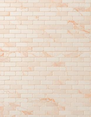 The primary subject of the image is a brick wall with a pink marble texture. The setting is a white brick wall, and the visual style is a close-up of the brick wall. The colors and mood of the image are predominantly pink and white, creating a warm and inviting atmosphere.