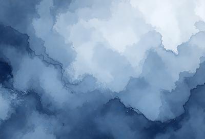The primary subject of the image is a cloudy blue sky with a few white clouds. The setting is a vast, open sky, and the visual style is a combination of digital art and illustration. The colors are predominantly blue and white, creating a calm and serene atmosphere.
