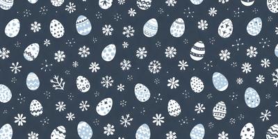 The primary subject of the image is a pattern of eggs, snowflakes, and flowers. The setting is a blue background, and the visual style is a combination of digital art and illustration. The dominant colors are blue, white, and various shades of green, creating a calm and serene atmosphere.