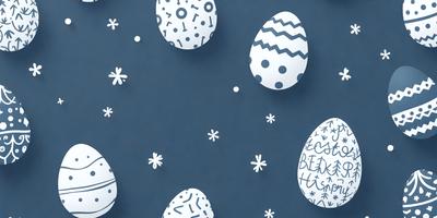 The primary subject of the image is a collection of white and blue eggs. The setting is a dark blue background, which creates a contrasting and visually striking scene. The visual style is a combination of digital art and illustration, as the eggs are depicted in a creative and artistic manner. The colors and mood of the image are predominantly dark and moody, with the white and blue eggs standing out against the dark blue background.