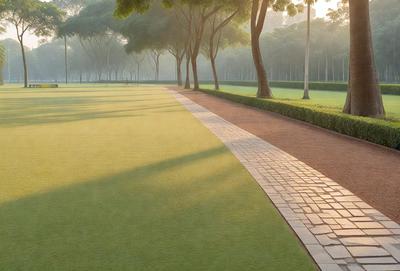 The primary subject of the image is a lush green field with a brick path running through it. The setting is a park with trees surrounding the area. The visual style is a photo, capturing the natural beauty of the park. The colors and mood are vibrant and serene, with the green grass and trees creating a peaceful atmosphere.