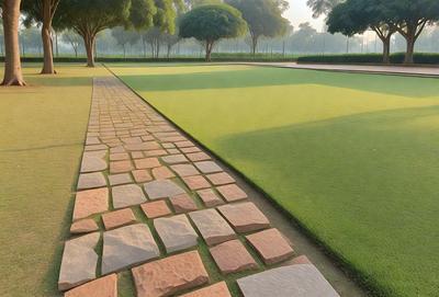 The primary subject of the image is a pathway made of stone bricks, which is located in a grassy field. The setting is a park with trees in the background. The visual style is a photo, and the colors and mood are predominantly earthy tones, giving the scene a natural and serene atmosphere.