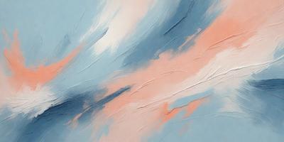 The primary subject of the image is a painting of a cloudy sky. The setting is a canvas, and the visual style is a painting. The colors and mood of the painting are predominantly pink and blue, creating a warm and serene atmosphere.