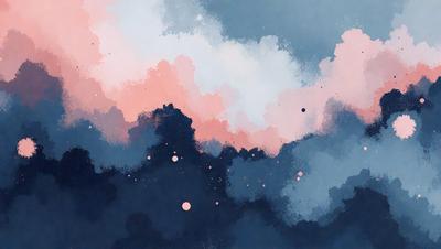 The primary subject of the image is a cloudy sky with a pink and blue hue. The setting is a cloudy sky, and the visual style is a painting or drawing. The colors and mood of the image are predominantly pink and blue, creating a serene and calming atmosphere.