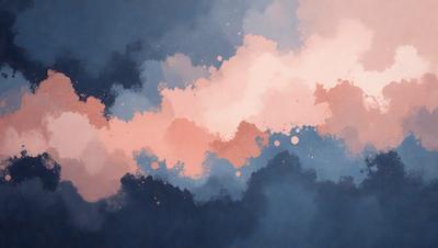 The primary subject of the image is a cloudy sky with a pink and blue hue. The setting is a cloudy sky, and the visual style is a painting or drawing. The colors and mood of the image are predominantly pink and blue, creating a serene and calming atmosphere.