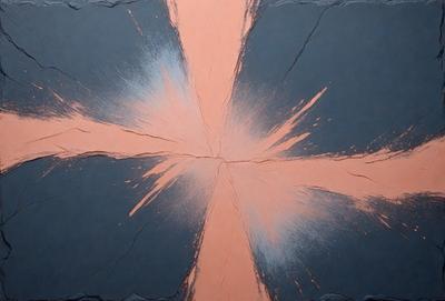 The primary subject of the image is a large, brightly colored, and abstract painting. The painting features a mix of red, orange, and blue colors, creating a vibrant and lively atmosphere. The setting is a blue background, which contrasts with the painting's colors, further emphasizing the artwork. The visual style of the painting is a combination of digital art and illustration, giving it a unique and eye-catching appearance.