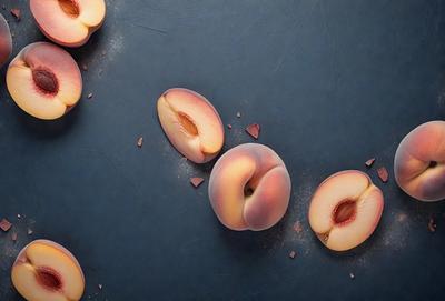 The primary subject of the image is a close-up of a peach with a hole in it. The peach is placed on a blue surface, which serves as the setting or background. The visual style of the image is a photo, capturing the details of the peach and its hole. The colors in the image are predominantly shades of blue and peach, creating a calm and natural atmosphere.