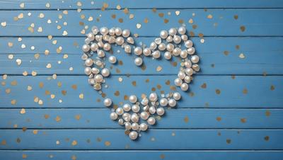 The primary subject of the image is a heart-shaped arrangement of pearls. The heart is made up of numerous pearls, which are scattered across the surface. The setting is a blue wall, which serves as the backdrop for the heart-shaped pearl display. The visual style of the image is a combination of photo and digital art, creating a unique and eye-catching design. The colors and mood of the image are predominantly white and gold, giving it a warm and elegant appearance.