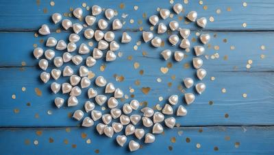 The primary subject of the image is a collection of white hearts arranged on a blue surface. The hearts are scattered across the surface, creating a visually appealing pattern. The setting appears to be a wooden table, and the visual style is a combination of photo and digital art. The dominant colors in the image are blue and white, giving the scene a calm and serene atmosphere.