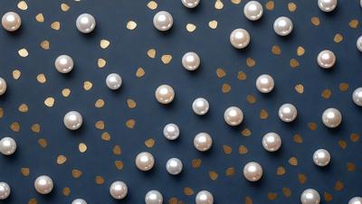 The primary subject of the image is a wall covered with a large number of pearl-shaped decorations. The setting is a black background, which contrasts with the pearls. The visual style is a combination of photo and digital art, creating a unique and eye-catching pattern. The colors are predominantly white and gold, giving the wall a luxurious and elegant appearance. The overall mood of the image is sophisticated and elegant, with the pearls serving as a focal point and