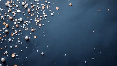 The primary subject of the image is a collection of small, round, metallic objects, such as coins or beads, scattered across a blue surface. The setting appears to be a dark room, possibly a night sky, with the objects glowing against the dark background. The visual style of the image is a combination of photo and digital art, creating a unique and intriguing scene. The colors and mood of the image are predominantly dark, with the metallic objects providing a contrasting and eye-catch