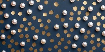 The primary subject of the image is a wall covered with a pattern of pearl-shaped decorations. The setting is a blue wall, and the visual style appears to be a combination of photo and digital art. The colors and mood of the image are predominantly gold and blue, creating a warm and elegant atmosphere.