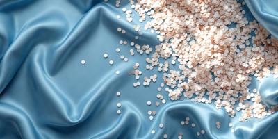 The primary subject of the image is a blue cloth with white beads or buttons scattered across it. The setting is a table, and the visual style appears to be a photo. The colors in the image are predominantly blue and white, creating a calm and serene atmosphere.