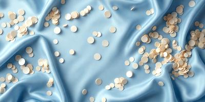 The primary subject of the image is a blue cloth with white circles scattered across it. The setting is a blue background, and the visual style appears to be a photo. The dominant colors are blue and white, creating a calm and serene atmosphere.