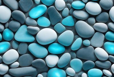The primary subject of the image is a large collection of blue and white rocks. The setting is a blue and white background, which creates a visually appealing contrast with the rocks. The visual style is a combination of photo and digital art, as the rocks are arranged in a pattern that resembles a painting. The dominant colors are blue and white, giving the image a calm and serene atmosphere.