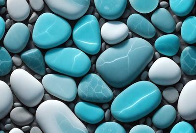 The primary subject of the image is a large collection of blue and white rocks. The setting is a rocky surface, and the visual style appears to be a digital art or illustration. The dominant colors in the image are blue and white, creating a serene and natural atmosphere.