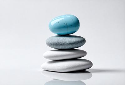 The primary subject of the image is a stack of four white and blue rocks. The setting is a white background, which provides a clean and minimalist appearance. The visual style is a photo, capturing the details and textures of the rocks. The colors and mood of the image are predominantly white and blue, creating a sense of calmness and tranquility.