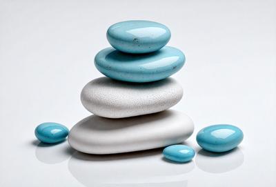 The primary subject of the image is a stack of five white and blue rocks. The setting is a white surface, which provides a clean and minimalist backdrop for the rocks. The visual style is a close-up of the rocks, showcasing their unique colors and textures. The dominant colors are white and blue, creating a calming and serene atmosphere.