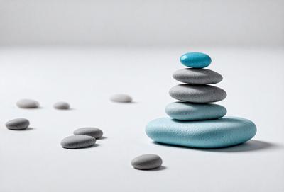 The primary subject of the image is a stack of four blue and grey rocks. The setting is a white surface, which provides a clean and minimalist backdrop for the rocks. The visual style is a close-up of the rocks, showcasing their colors and textures. The overall atmosphere is calm and serene, with the rocks being the main focus of the image.