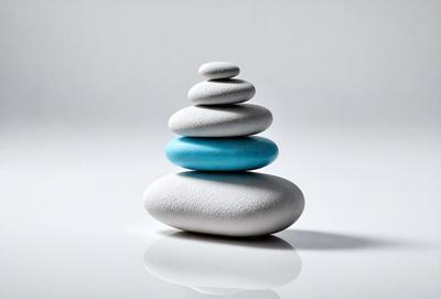 The primary subject of the image is a stack of three white and blue stones. The setting is a white background, which provides a clean and minimalist appearance. The visual style is a photo, capturing the details and colors of the stones. The colors and mood of the image are predominantly white and blue, creating a sense of calm and tranquility.
