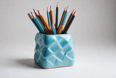 The primary subject of the image is a blue vase filled with various colored pencils. The vase is placed on a table, and the pencils are arranged in a visually appealing manner. The setting is indoors, and the visual style appears to be a photograph. The colors and mood of the image are vibrant and lively, with the blue vase and the assortment of colors from the pencils creating a cheerful atmosphere.