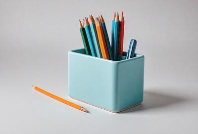 The primary subject of the image is a blue container filled with various colored pencils. The setting is a white surface, which provides a clean and uncluttered backdrop for the container. The visual style is a close-up of the container, showcasing the pencils and their colors. The dominant colors in the image are blue and various shades of pencil colors, creating a calm and organized atmosphere.