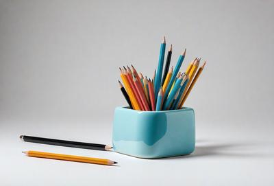 The primary subject of the image is a blue cup filled with various colored pencils. The cup is placed on a white surface, which serves as the setting or background. The visual style of the image is a photo, capturing the details of the cup and pencils. The colors and mood of the image are predominantly white and blue, creating a clean and organized appearance.