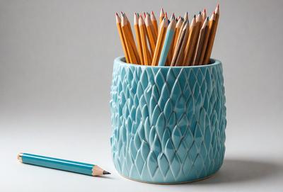 The primary subject of the image is a blue vase filled with yellow and blue pencils. The vase is placed on a table, and the pencils are arranged in a visually appealing manner. The setting is a table, and the visual style is a realistic representation of the vase and pencils. The colors and mood of the image are predominantly blue and yellow, creating a calm and organized atmosphere.