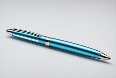 The primary subject of the image is a blue pen. The pen is placed on a white surface, which serves as the setting or background. The visual style of the image is a photo, capturing the pen in detail. The dominant colors in the image are blue and white, creating a clean and simple atmosphere.