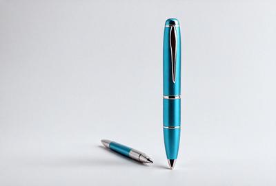 The primary subject of the image is a blue pen. The pen is placed on a white surface, which serves as the setting or background. The visual style of the image is a photo, capturing the pen and its surroundings in detail. The colors in the image are predominantly blue and white, creating a calm and clean atmosphere.