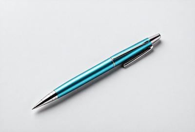 The primary subject of the image is a blue pen. The pen is placed on a white surface, which serves as the setting or background. The visual style of the image is a photo, capturing the pen in detail. The dominant colors in the image are blue and white, creating a clean and minimalist atmosphere.
