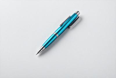 The primary subject of the image is a blue pen. The pen is placed on a white surface, which serves as the setting or background. The visual style of the image is a photo, capturing the pen in detail. The dominant colors in the image are blue and white, creating a clean and minimalist atmosphere.