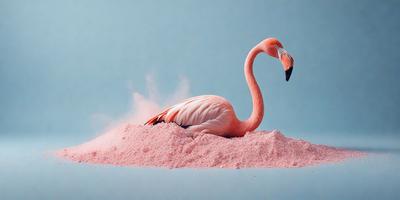 The primary subject of the image is a flamingo, which is sitting on a pink sandy surface. The setting appears to be a beach or a similar environment. The visual style of the image is a photo, capturing the flamingo in its natural habitat. The colors and mood of the image are predominantly pink, creating a warm and inviting atmosphere.