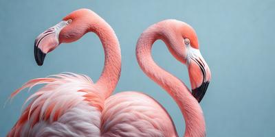 The primary subject of the image is a pair of flamingos standing next to each other. They are positioned in front of a blue background, which adds a vibrant and contrasting color to the scene. The visual style of the image is a combination of photo and digital art, creating a realistic yet artistic representation of the flamingos. The colors and mood of the image are predominantly pink and blue, which are associated with the flamingos and the tropical environment they inhabit.