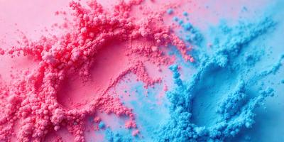 The primary subject of the image is a close-up of a pink and blue colored substance, which appears to be a powder or a frosting. The setting is a table, and the visual style is a close-up of the substance, showcasing its texture and color. The dominant colors in the image are pink and blue, creating a vibrant and lively atmosphere.