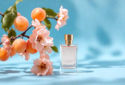 The primary subject of the image is a bottle of perfume, which is placed on a table. The setting is a blue background, and the visual style is a photo. The colors in the image are predominantly blue and white, creating a calm and serene atmosphere.