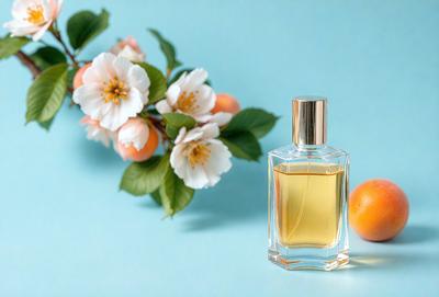 The primary subject of the image is a bottle of perfume, which is placed on a table. The setting is a table with a blue surface, and the visual style is a photo. The dominant colors in the image are blue and yellow, creating a calm and soothing atmosphere.