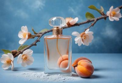 The primary subject of the image is a bottle of perfume, which is placed on a table. The setting is a blue background, and the visual style is a photo. The colors in the image are predominantly white and blue, creating a calm and serene atmosphere.