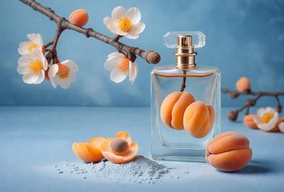 The primary subject of the image is a bottle of perfume, which is placed on a table. The setting is a table with a blue background, and the visual style is a photo. The colors in the image are predominantly blue and white, creating a calm and serene atmosphere.