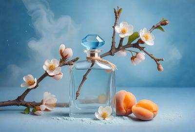 The primary subject of the image is a bottle of perfume, which is placed on a table. The setting is a table with a blue background, and the visual style is a photo. The colors in the image are predominantly white and blue, creating a calm and serene atmosphere.